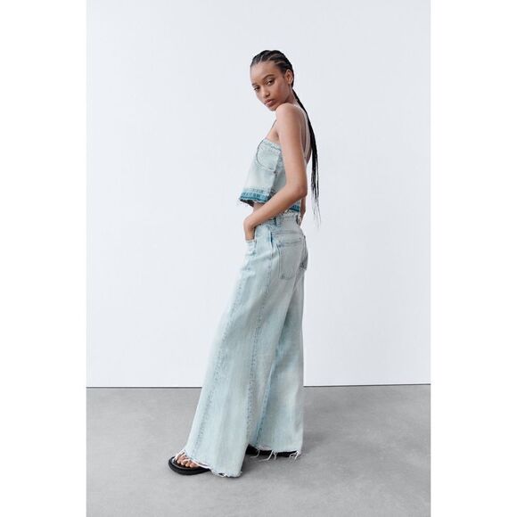 NWT Zara Light Wash Raw Released Hem Mini Skirt Effect Denim Cropped Top, XS - Picture 3 of 15